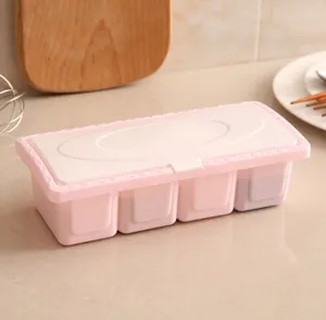 Plastic 4-grid seasoning box with dustproof lid kitchen condiment storage in pink color