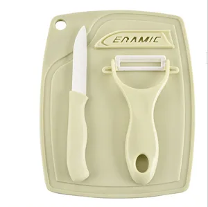 Ceramic fruit knife set with cutting board and peeler kitchen tool beige color 3 pieces