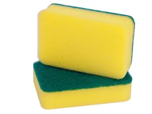 Detailed closeup view of the dual layer dishwashing sponge with yellow foam and green scouring pad.
