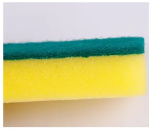 Dual-layer kitchen cleaning sponge with green scouring pad and yellow foam for dish washing.