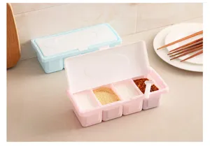 Plastic four-grid seasoning box set with lids and spoons, dustproof kitchen storage container for spices.