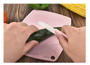 Ceramic fruit knife set kitchen slicing knife detail view showing cutting cucumber on board