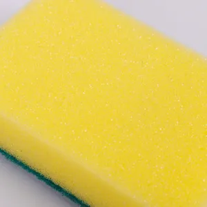 High quality dual-layer kitchen cleaning sponge with yellow foam and green scouring pad.