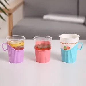 Thickened plastic cup holder set with handle, anti-scald insulated paper cup sleeve base.