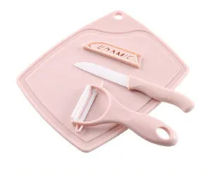 Pink ceramic fruit knife kitchen set with cutting board and peeler for home cooking use