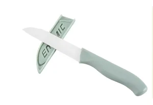 Ceramic fruit knife set with protective sheath, sharp kitchen paring knife in light green.
