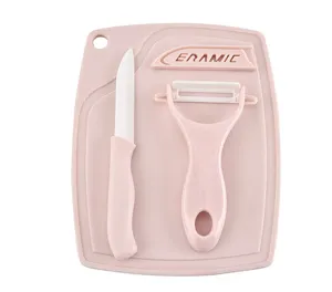 3-piece ceramic kitchen knife set with cutting board fruit peeler pink durable kitchen tool