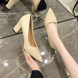 Women's Chunky High Heel Pumps Fashion Solid Color Pointed Toe Shallow Mouth Casual Dress Shoes
