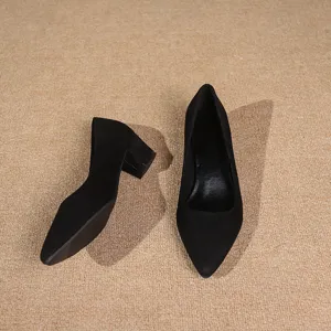Detail view of black pointed toe block heel women dress shoes with suede texture finish.