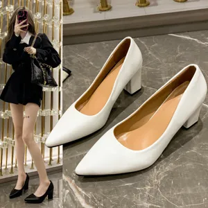 Women's white pointed toe block heel pumps fashion dress shoes for daily wear outfit