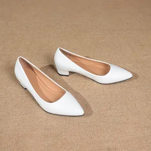 White pointed toe chunky low heel women dress shoes detailed product view and close up