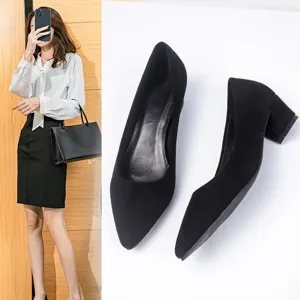 Women black block heel pointed toe pumps comfortable office dress shoes daily footwear chic