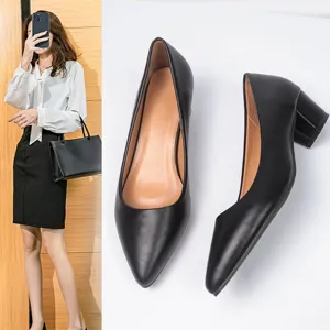 Women black block heel pointed toe pumps fashion casual shoes elegant footwear for daily wear