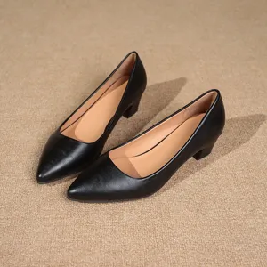 Women black pointed toe block mid heel pumps casual dress shoes for autumn daily wear