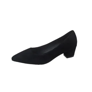 Women black pointed toe chunky heel shoes main view, elegant autumn single shoes daily wear.
