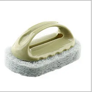 Detail view of the cleaning brush with handle and sponge base for kitchen and bathroom use.