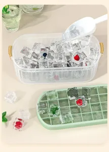 PET Eiswürfelform und Aufbewahrungsbox Detail, transparenter Behälter mit Eisschaufel und grüner Schale.