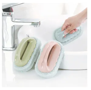 Detailed view of kitchen sponge cleaning brush with handle, multi-color household tool.