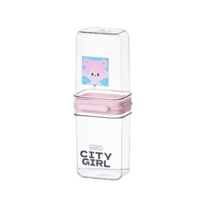 Transparent travel toothbrush case portable plastic wash cup with cute cartoon design and lid.