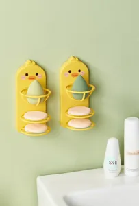 Wandmontierter süßer Enten Make-up Schwamm Halter, doppellagiges Puderquasten Ablageregal.