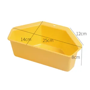 Cesta de drenaje esquinera para fregadero de cocina de plástico amarillo con dimensiones.