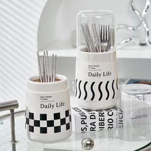 Porte-baguettes rond multifonctionnel en plastique pour cuisine, boîte de rangement de vaisselle avec couvercle anti-poussière et bac d'égouttement
