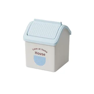 Mini poubelle de bureau en forme de maison avec couvercle, pot à crayons et boîte de rangement.