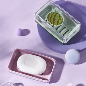 Transparent fruit soap dish with lid, portable travel soap holder with cute cartoon watermelon.