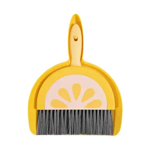 Cute lemon desktop mini broom and dustpan set for keyboard cleaning and desk organizing.