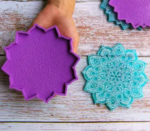 Mandala coaster resin mold detail, silicone flower shape casting craft DIY tool supply.