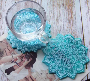 Turquoise mandala resin coaster set, beautiful decorative floral table mat for home decor.