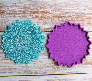 Detailed shot of irregular mandala resin coaster silicone mold set, clear floral texture.