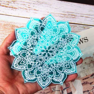 Turquoise mandala resin coaster mold, irregular mirror acrylic flower craft piece for home decor.