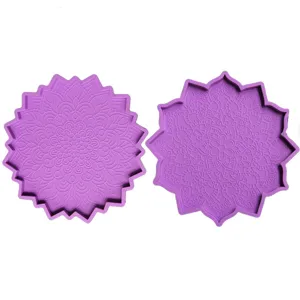 Irregular mandala coaster silicone mold, purple resin casting mold for DIY crafts.