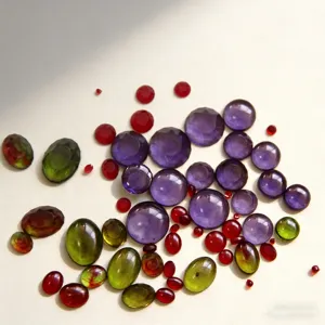 Nahaufnahme von bunten Harz Edelstein Cabochons in runden und ovalen Formen für DIY Schmuck.