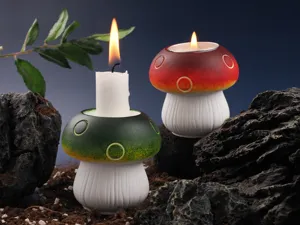 Mushroom shaped candle holder set with glowing candles in a natural forest style scene.