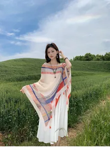 Colorful block pattern lightweight shawl cape for women, ideal for spring and summer beach travel.