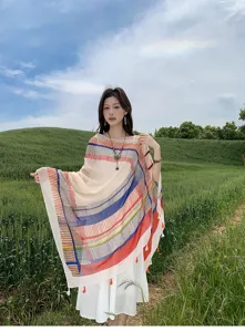 Colorful block patterned shawl scarf women summer beach cape lightweight sun protection