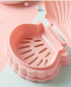 Portable porte-savon en plastique rose en forme de coquillage avec double couche de drainage.