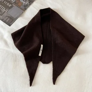 Dark brown knitted triangular scarf women autumn winter warm wool blend shawl detail view.