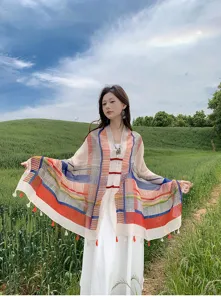 Detailed view of the colorful geometric block pattern sun protection cape with frog buttons.