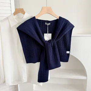 Dark blue cable knit shawl scarf women spring autumn fashion collar cape versatile warm wrap
