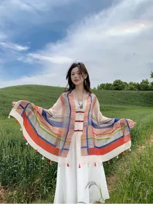 Women colorful plaid print tassel shawl thin sun protection cape for summer beach travel