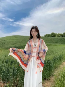 Detail view of lightweight colorful striped shawl with traditional Chinese frog button closure outdoors