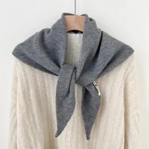 Grey knit triangle scarf shawl for women, cozy wool blend winter fashion neck warmer neckerchief.