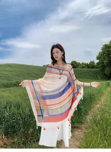 Women colorful square geometric print shawl sun protection cape for summer beach travel outdoor
