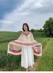 Stylish geometric pattern women shawl for summer beach vacation, lightweight outdoor scarf.