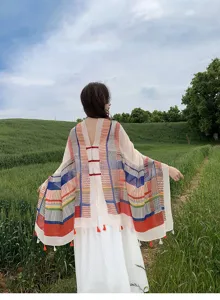 Women colorful block print tassel shawl poncho summer beach sun protection cape outerwear.