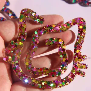 Glitter resin cat shaped bookmark with colorful sequins, handmade cute transparent craft desktop decor.