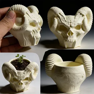 Gothic ram skull flower pot pen holder resin silicone mold desktop storage container detail.